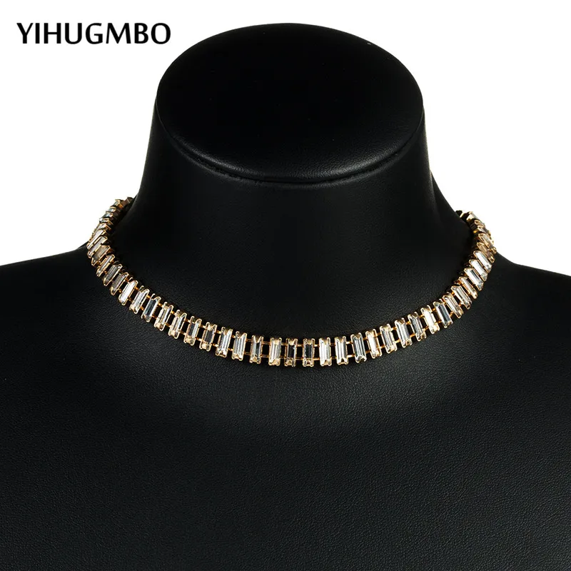 YIHUGMBO, блестящие стразы, воротник, колье, ожерелье для женщин, геометрический золотистый, винтажное массивное ожерелье, Новое поступление
