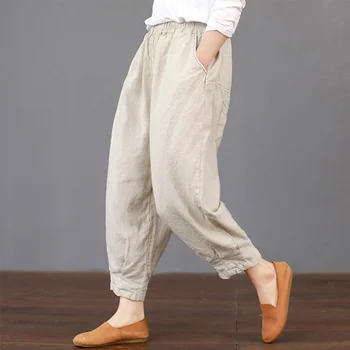 

2020 Women Cotton Linen High Waist Women's Pants Elastic Waist Solid Ankle-length Joggers Trousers Women Summer Clothes