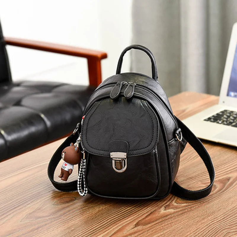 Trend Retro PU Leather Bear Pendant Small Shoulder Slung Multi-purpose Female Bag Multi-function Backpack