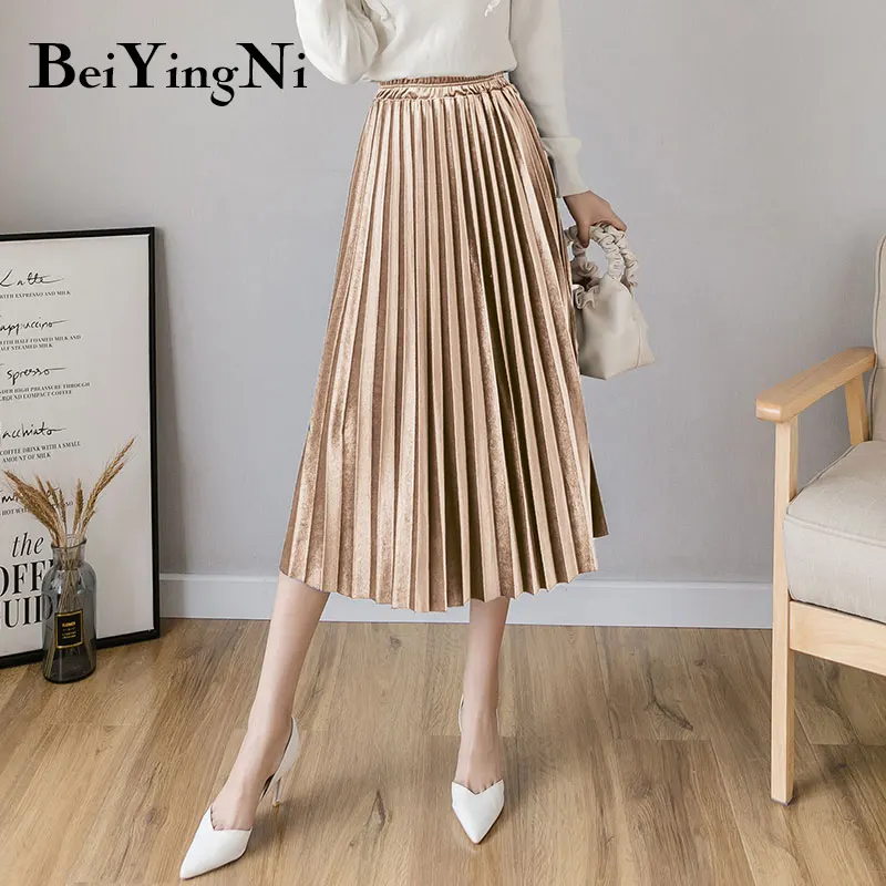 Beiyingni Autumn Winter Gold Velvet Midi Skirt for Woman High Waist Vintage Casual Pleated Skirts Womens Solid 7Colors Warm Saia - Цвет: Apricot