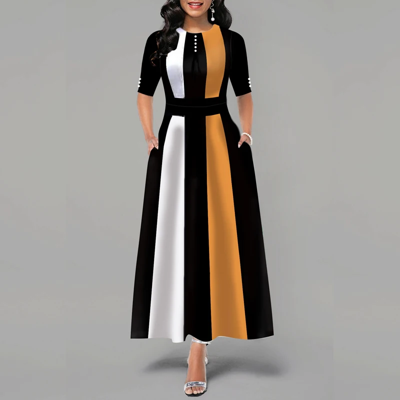 

Retro Women Striped Dress Ladies Long Maxi Dress Office Lady 3/4 Sleeve High Waist Long Dress Classic Female Fit and Flare Dress