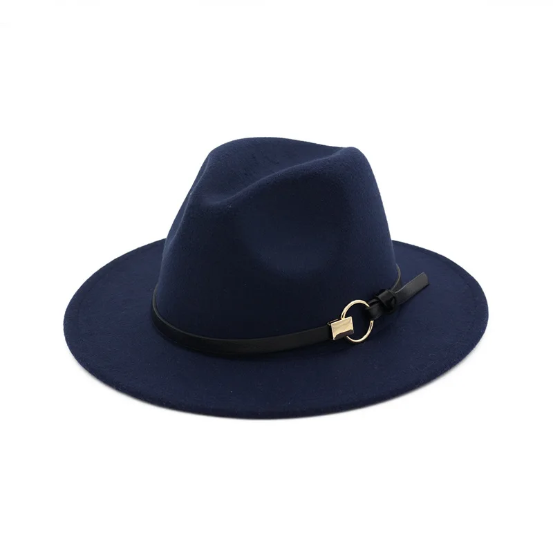 Осенняя и зимняя одноцветная шляпа с полями, шляпа для путешествий, шляпа-федора, джаз, Панама, шляпы для женщин и девушек 16 - Цвет: navy blue