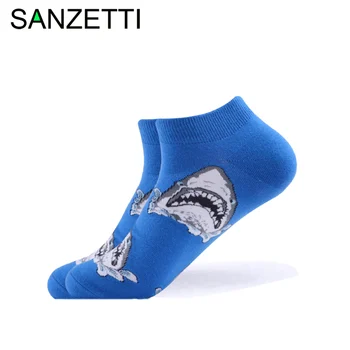 

SANZETTI 1 Pair 2020 New Men's Summer Casual Ankle Socks Colorful Combed Cotton Socks Shark Pattern Dress Wedding Boat Socks