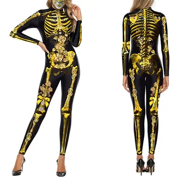 

Halloween Jumpsuit Women Sexy Skull Rose Print Jumpsuit Costumes Skeleton Back Zipper Jumpsuits Party Cosplay Plus Size