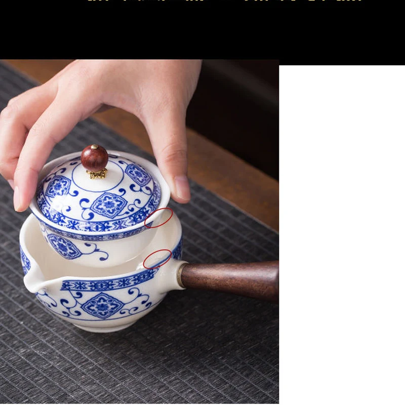 Portable Flower Ceramic Automatic Spinning Kung Fu Teapot with Wooden Handle, Side-handle Tea Pot, Teaware Filter,150ml