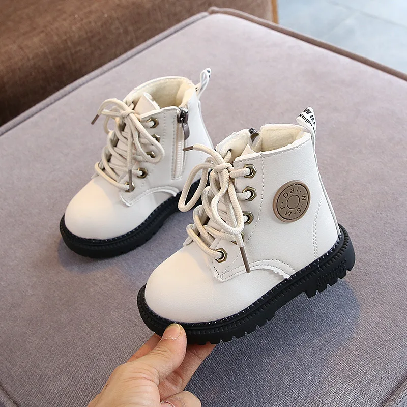 British Spring Autumn Winter Children Boots Boys Girls Leather Boots Plush Waterproof Non-slip Warm Kids Shoes children boots