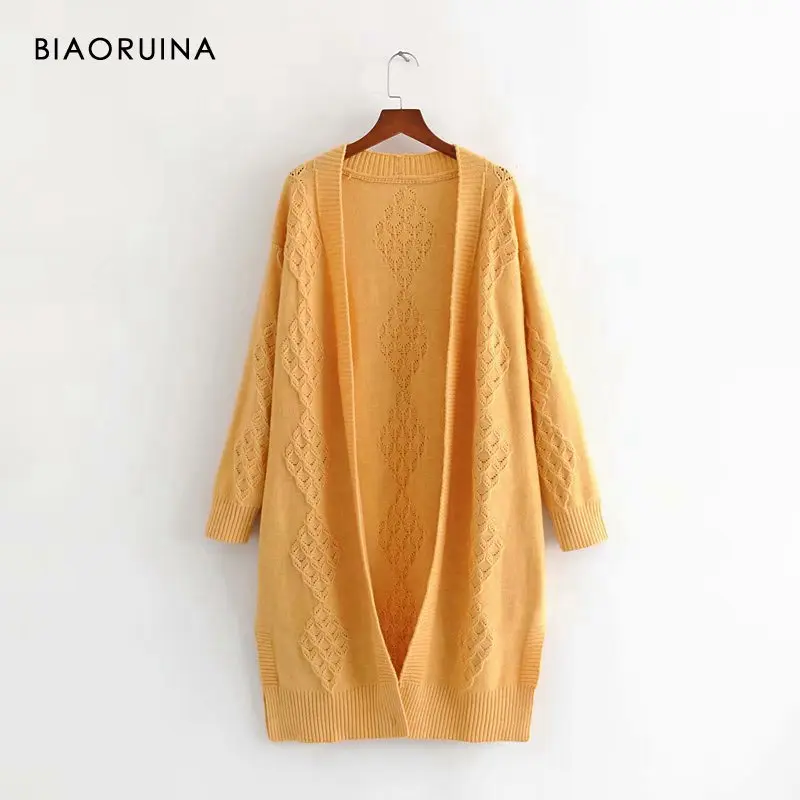 BIAORUINA, 3 цвета, женские вязаные Длинные кардиганы, Женский однотонный Повседневный свободный свитер, один размер, женская мода - Цвет: Цвет: желтый
