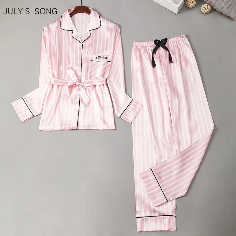 silk pajamas for women JULY'S SONG 2021 New Faux Silk Women Pajamas Set 2 Pieces Satin Stripes Polka Dot Printed Sleepwear Long Sleeves Autumn Homewear cotton pyjama set