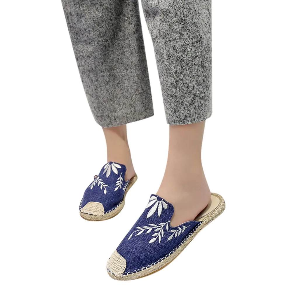 Mazefeng/; женские модные сандалии на плоской подошве в традиционном китайском стиле с вышивкой; женские повседневные туфли с круглым носком и цветочным узором - Цвет: Синий