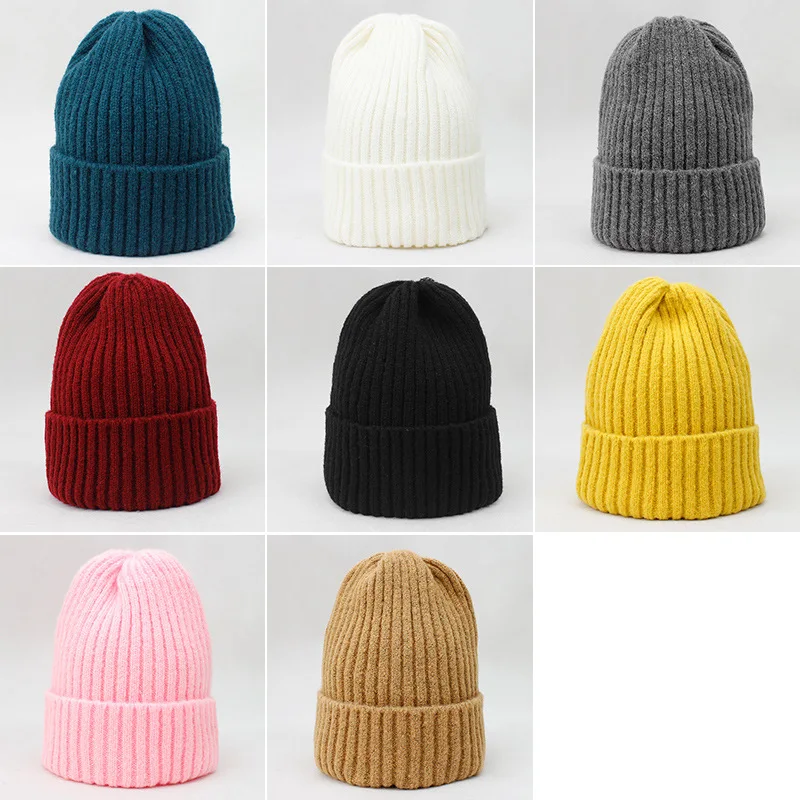 New Winter Solid Color Wool Knit Beanie Women Fashion Casual Hat Warm Female Soft Thicken Hedging Cap Slouchy Bonnet Ski