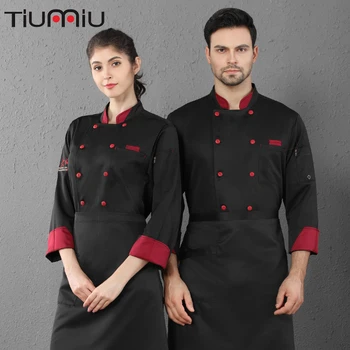

Stitching Collar Double Breasted Chef Cooking Uniform Unisex Long Sleeve Coat Cafe Hotel Hair Salon Bake Shop Waiter Work Shirt