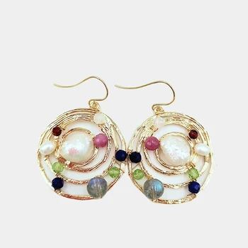 

Lily Jewelry Pearl Labradorite Moonstone Ruby Lapis Geometric Circle Gold Color Drop Earrings 925 Sterling Silver Hook Earrings
