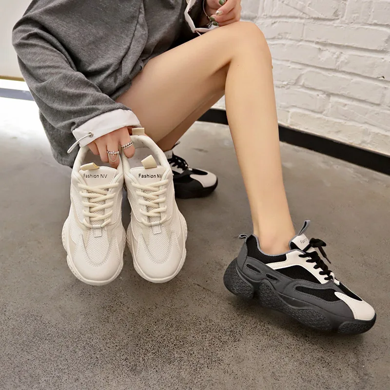 Pantshoes/удобные дышащие сетчатые тренажеры на не сужающемся книзу массивном каблуке 5 см женские Сникеры на платформе повседневная женская обувь