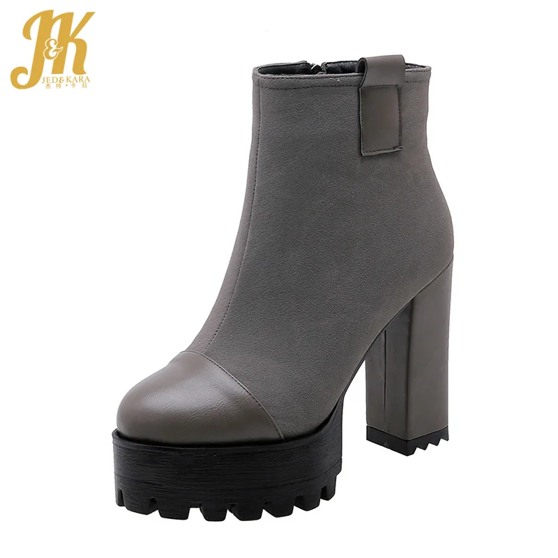

JK Platform Boots Women High Heels Thick Ankle Boot Ladies Flock Shoes Round Toe Shoes Female Pu Party Shoes Winter 2020