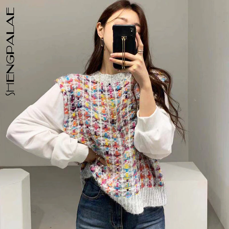 SHENGPALAE 2020 Autumn Winter Round Collar Long Sleeve Knitting Pullover Split Joint Fake Two Pieces Women Sweater Korean FV601 | Женская