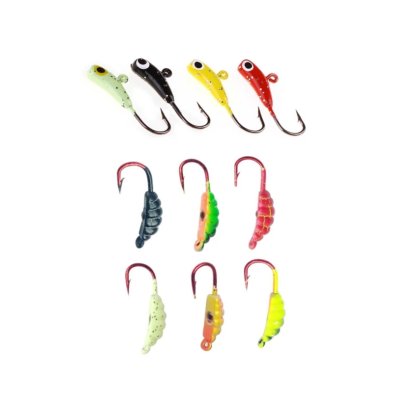 

4Pcs Banana Shaped Lead Fish Jigging Hooks Lure Ice Fishing Bait 1.6G 2.2cm & 6Pcs Ice Fishing Hooks 1.4G Jig Lead Hooks