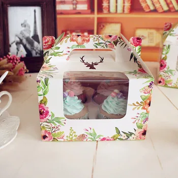 

100 X Green Forest 4 Cavity Cupcake Muffin Box With Clean Transparent PVC Window For Wedding Party Favor Cake Box Packaging