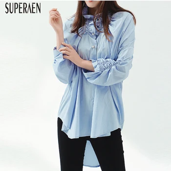 

SuperAen Shirts Women Spring New 2020 Europe Cotton Wild Casual Ladies Blouses and Solid Color Long Sleeve Women Clothing