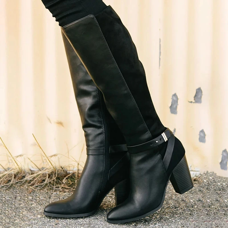 

Women Autumn Knee-High Boots Fashion High Heels Long Boots Motorcycle Boot Shoes Black Lady Party Design Boots Plus Size 35-43
