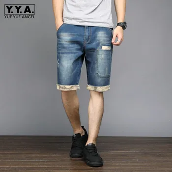 

Summer Mens Plus Size 48 Knee Length Short Jeans Stretch Casual Loose Fit Denim Shorts Pockets Streetwear Jeans Bermuda Shorts