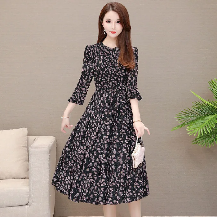 

Korean-style Floral Dress Women's 2020 Spring Large Size Dress New Style Fashion Western Style Loose-Fit Long Sleeve Skirt