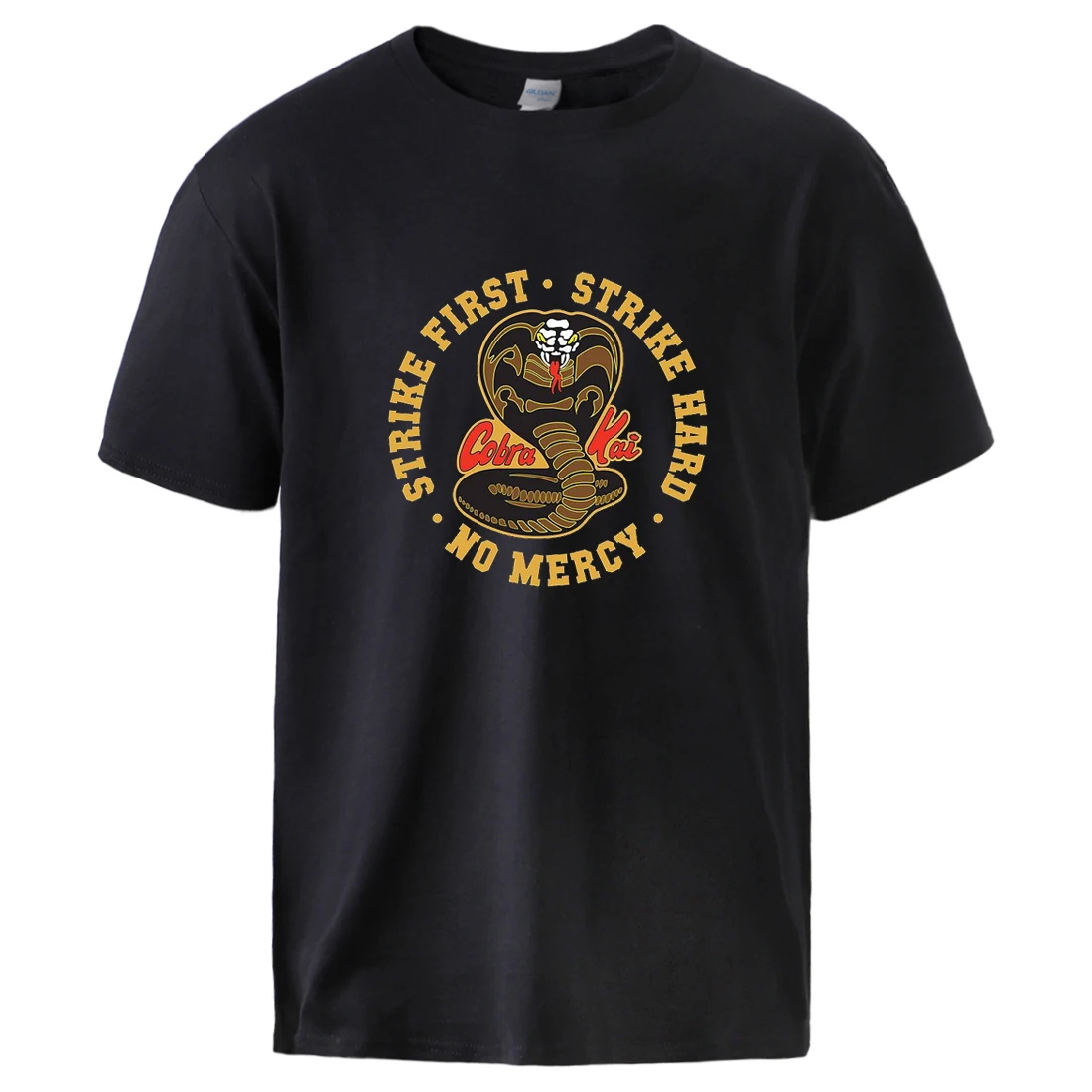 

Strike First Strike Hard No Mercy Print T-shirts Summer Male Short Sleeve Tops Fashion Cobra Kai Cotton Short Sleeve Tee shirts