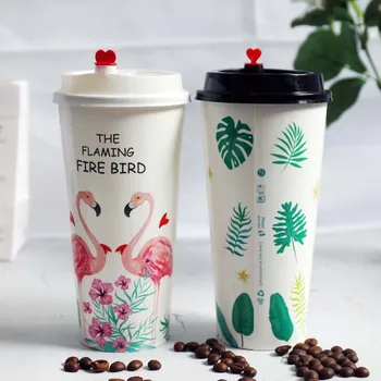 

50pcs High quality white flamingo cup 500ml disposable coffee cup party birthday favor beverage paper cup with love lid