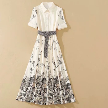 

HIGH QUALITY Newest 2020 Fashion Women's Turn-down Collar short slevee Sashes Floral Print shirt Dress