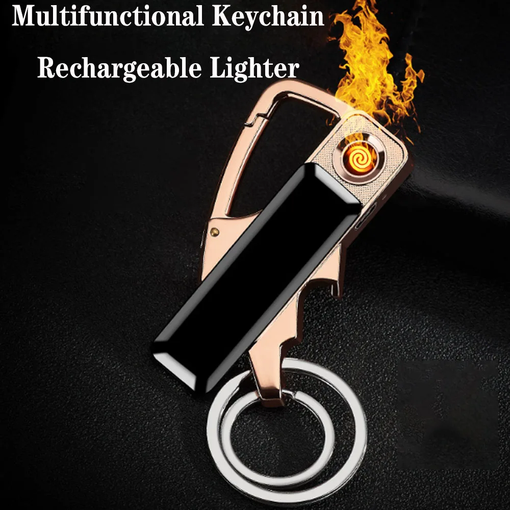 

New Multifunctional Metal Keychain Electric Lighter With Bottle Opener Tungsten Wire Windproof USB Rechargeable Lighter
