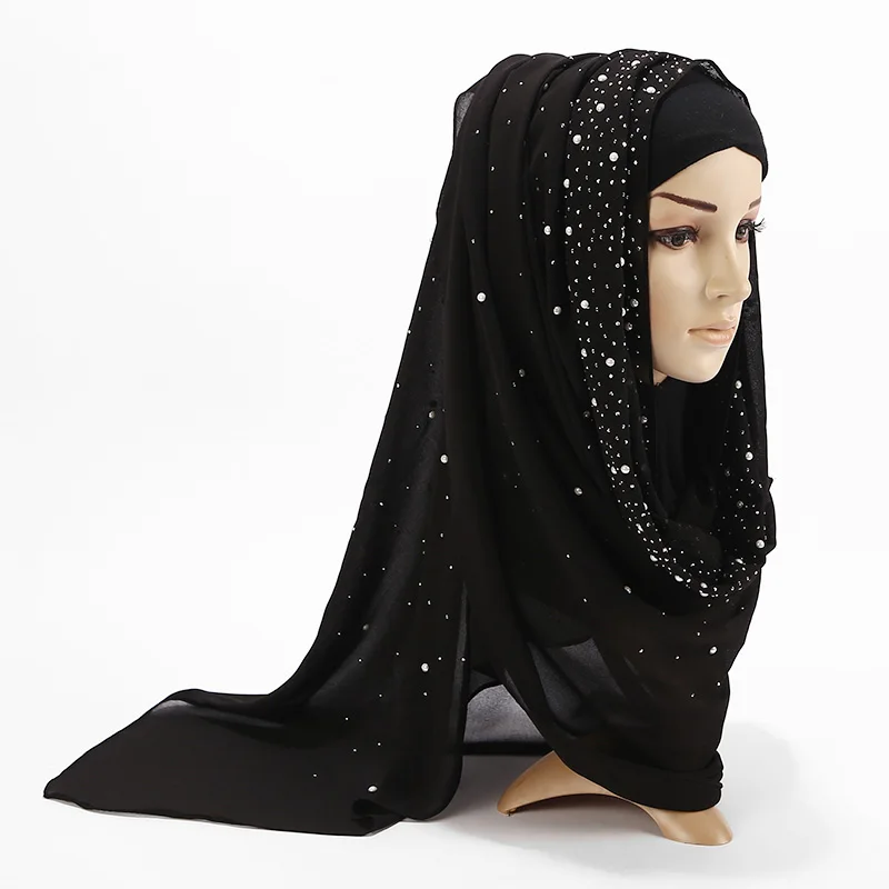 

Fashion Women Sequins Pearls Chiffon Scarf 2019 New Ladies Soft Scarves Large Hijabs Shawls Solid Color Muslim Headscarf