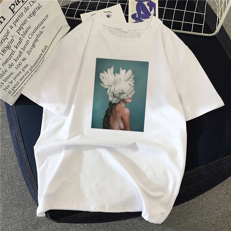 2020 Summer Women T-shirt girl with flowers Printed Tshirts Casual Tops Tee Harajuku 90s Vintage White tshirt Female Clothing