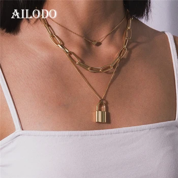 

Ailodo Multi Layer Lover Lock Pendant Choker Necklace Padlock Heart Long Chain Necklace Collier Best Couple Jewelry Gift 20JUN36