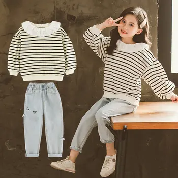 

Girls Clothing Set Stripe On Clothes Sweatshirts + Jeans with High Waist 2PCs Ruffles Collar 2020 Korean Style Child Tracksuits