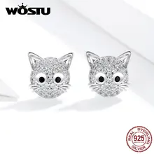 WOSTU, серьги-гвоздики с кошечкой Китти, 925 пробы, серебро, для женщин, циркон, животные, маленькие серьги, подлинные свадебные украшения, FIE751