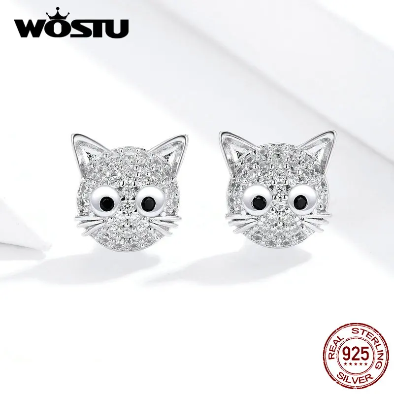 Женские серьги гвоздики WOSTU Kitty Cat из стерлингового серебра 925 пробы с цирконием