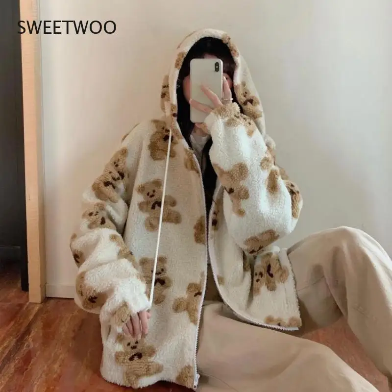 Cartoon Bear Lamb Wool Women's Hooded Jacket Casual Oversized Tops Winter Clothes Woman Jackets Cute Korean Coats