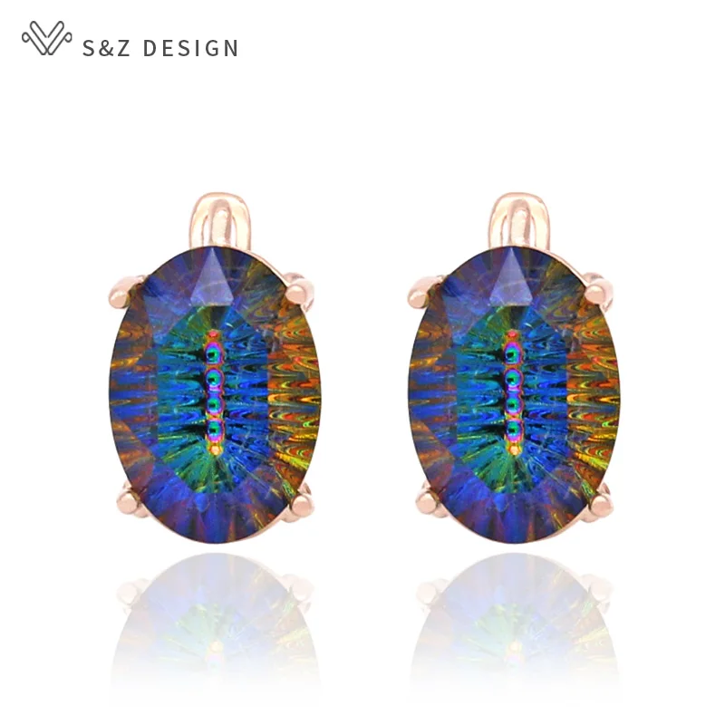 S&Z DESIGN New Fashion Colorful Oval Crystal Dangle Earrings For Women Wedding Jewelry 585 Rose Gold Color Egg Shape Eardrop