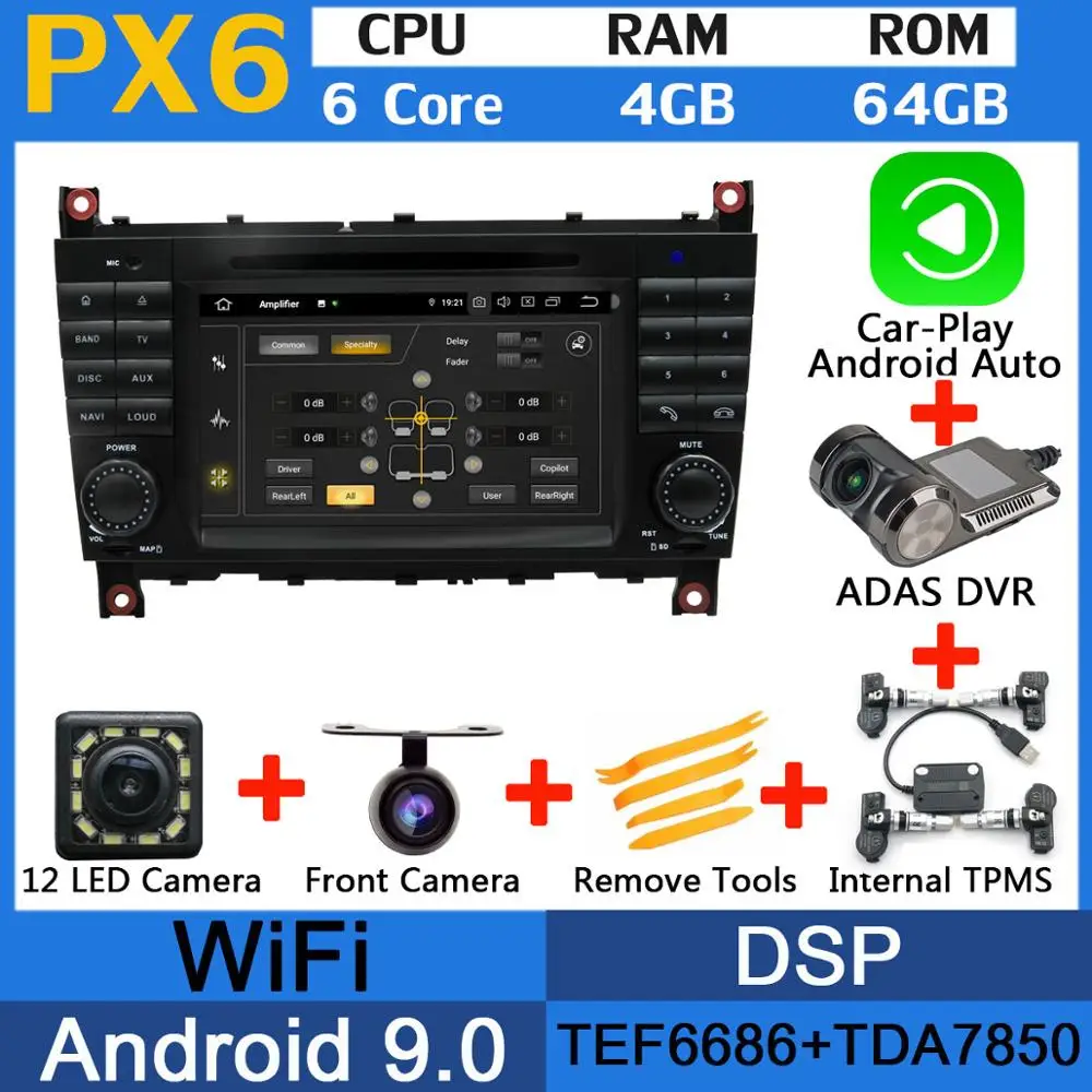 PX6 Octa Core Android 9,0 4+ 64G 5 USB для Mercedes Benz C Class W203 C180 C200 C220 C230 C240 C250 C270 C280 C300 C320 автомобильный радиоприемник - Цвет: PX6-CarPlay-ADAS-TMS