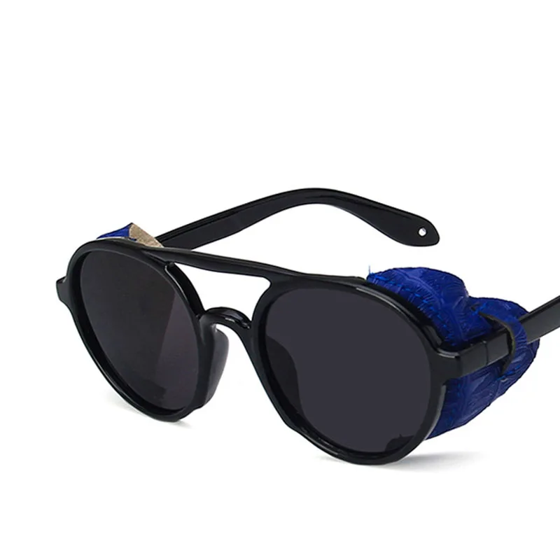 Классические брендовые дизайнерские модные круглые стимпанк Солнцезащитные очки для мужчин и женщин винтажные Панк кожаные солнцезащитные очки для мужчин ретро очки - Цвет линз: Blue Black