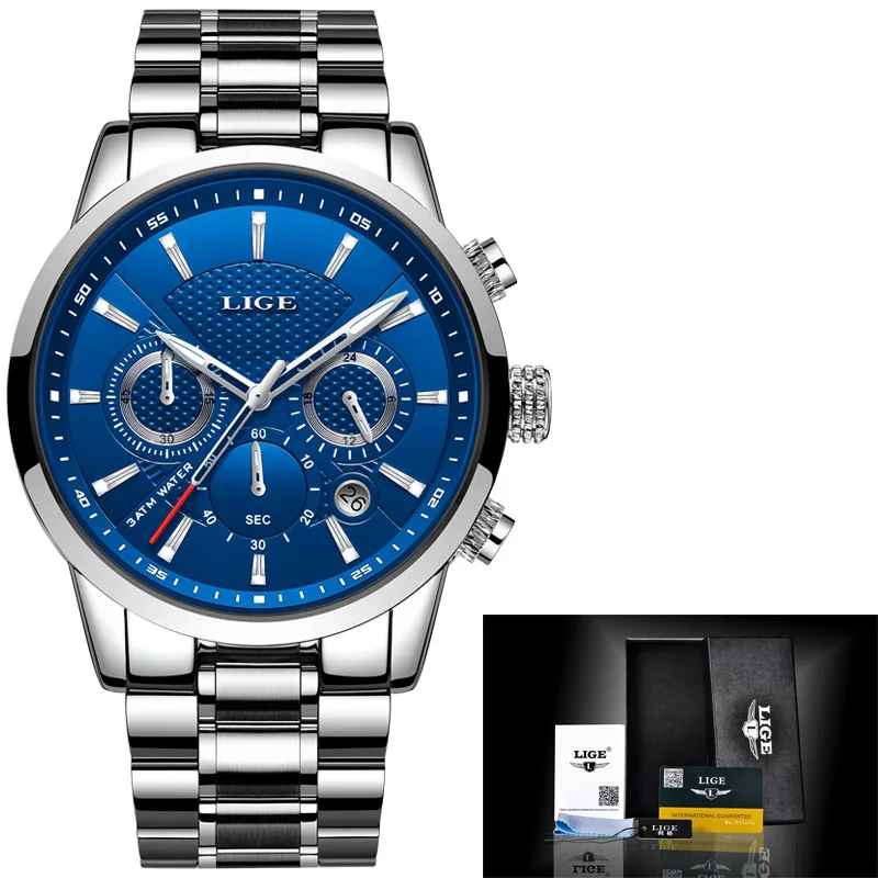 LIGE мужские часы в подарок Топ люксовый бренд водонепроницаемые спортивные часы с хронографом кварцевые военные из натуральной кожи Relogio Masculino+ коробка - Цвет: S  Silver Blue