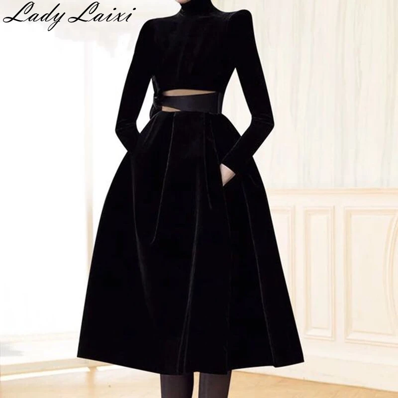 Осенне-зимнее высококачественное винтажное женское приталенное платье с длинным рукавом и воротником-стойкой и сеткой в стиле пэчворк - Color: Black