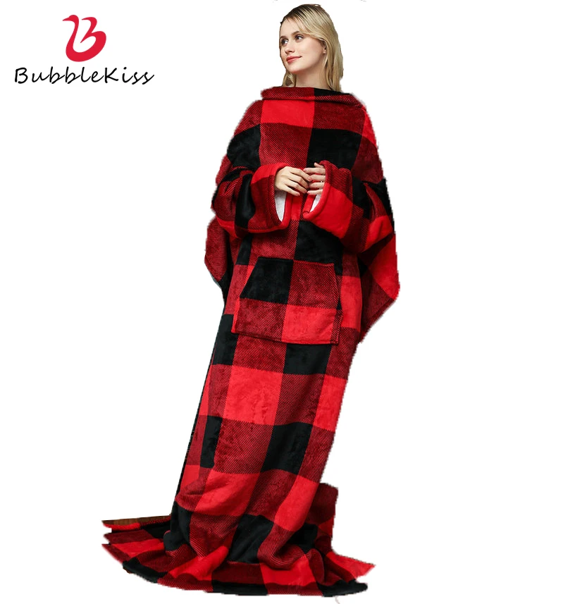 

Bubble Kiss Winter Sherpa Warm Blanket With Hood Wearable Flannel Blanket Sweatshirt Red Pink Plaid Printed Casual Blanket