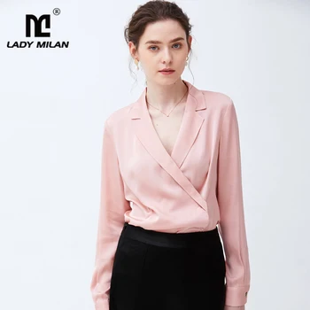 

100% High Quality Silk Shirt Women's Notched Collar Long Sleeves Elegant Blouse Shirt