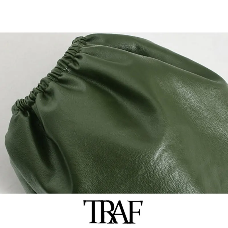 TRAF, женское винтажное стильное мини-платье из искусственной кожи, модное платье с воротником с лацканами, рукав три четверти, женские платья