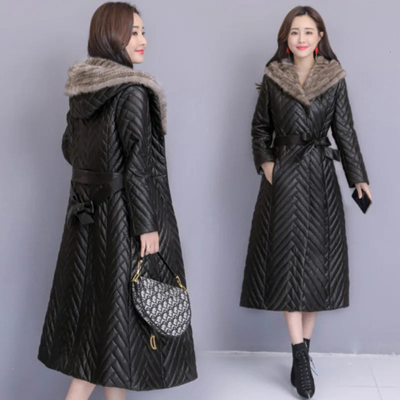 Зимняя кожаная куртка для женщин, Овечий пух, куртки с капюшоном, Chaqueta Cuero Mujer, для похудения, Dames Jassen, зимнее черное пальто