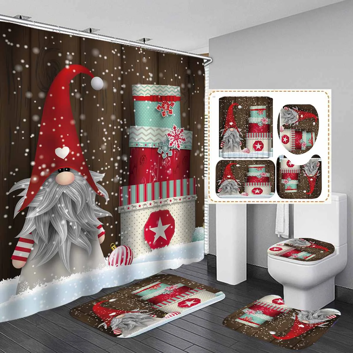 

Merry Christmas Waterproof Bath Shower Curtain Christmas Santa Claus Bath Mat Lid Toilet Cover Polyester/ Flannel Shower Curtain