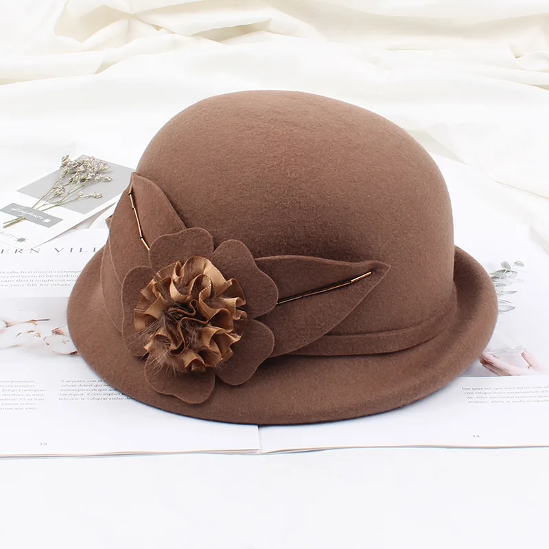 

Pure Wool Hat Women Bucket Caps Female Lady Fedoras Floral Woolen Doom Hat Solid Color Quality Soft Warm for Dress Party