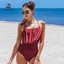 CUPSHE, красный, блестящий, волан, Цельный купальник, женский, сексуальный, открытая спина, на шнуровке, мягкий, монокини,, для девушек, пляжный купальник, купальник