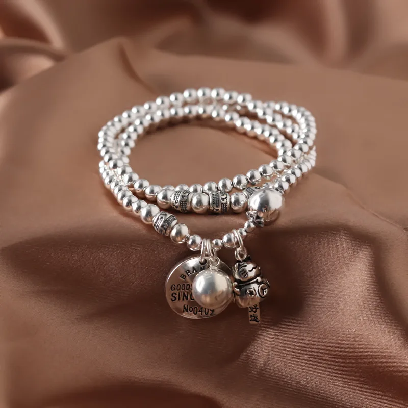 

S925 Fine Silver Bracelets Three-loop Lucky Cat Retro round Plate Handmade Origional Multilayer Sliver Beads Auspicious Lucky Ca