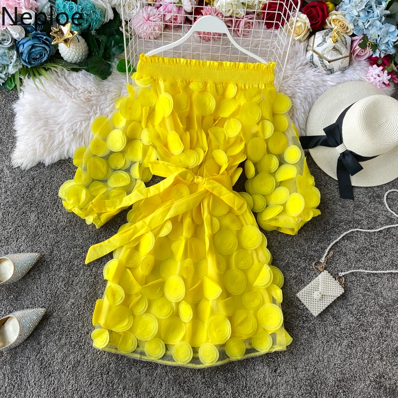 

Neploe Flower Mesh Patchwork Dress Women Solid Slash Neck Puff Sleeve Vestidos Sweet Drawstring Sashes Female Dresses 80780